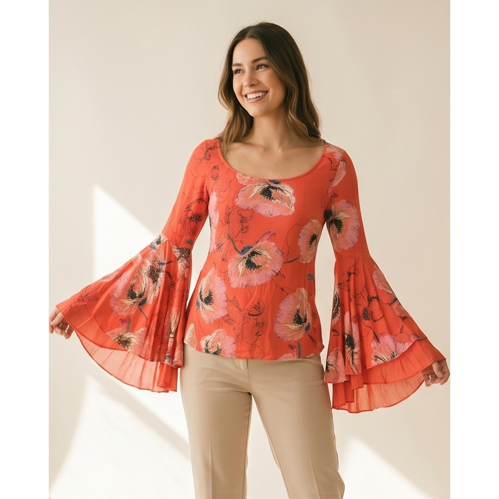 Free‎ People We The Free SP Bell Sleeve Boho Top Red Orange Small Cottagecore